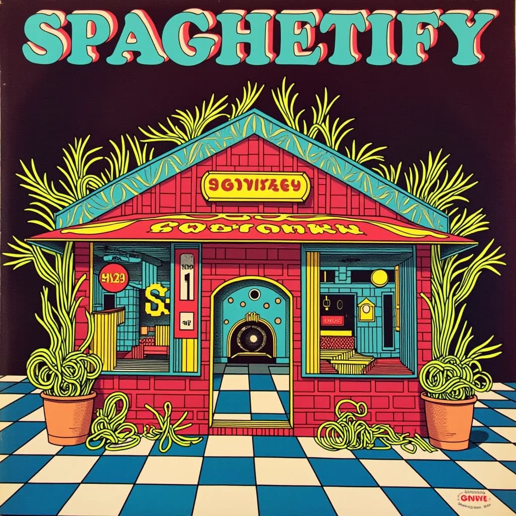 A colorful temple filled with tiny code displays beneath the title Spaghettify.