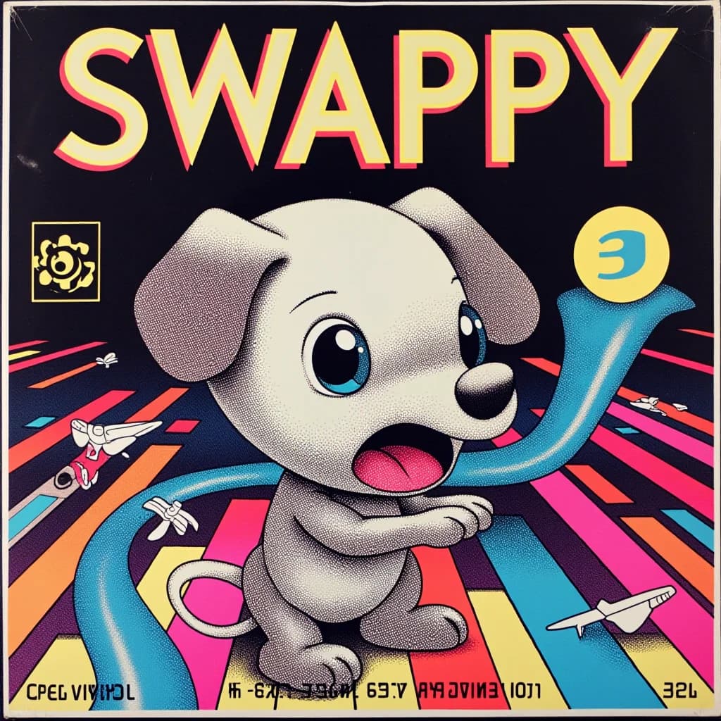 A cartoon gray puppy holds a blue cable amid flying paper planes beneath the title Swappy.