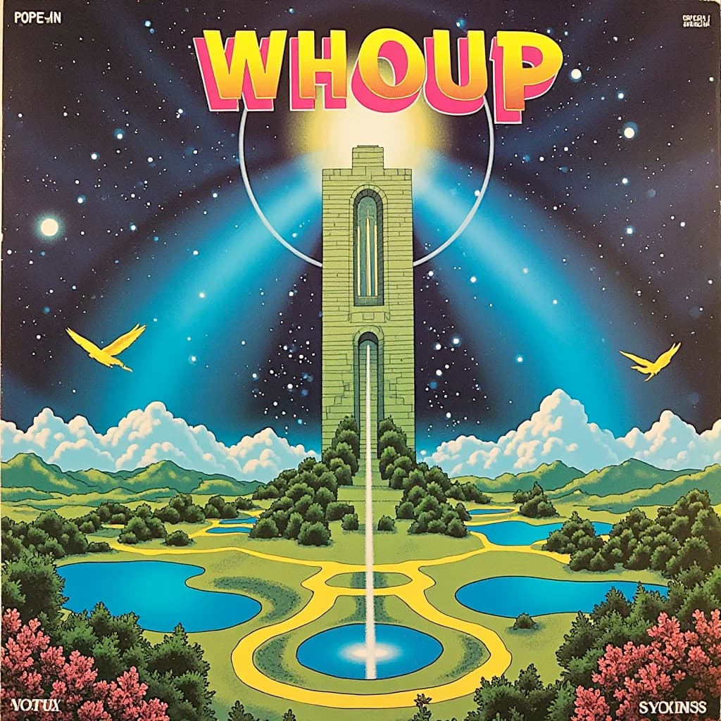 A glowing monolith rises from an alien garden and mountain landscape beneath the title WhoUp.